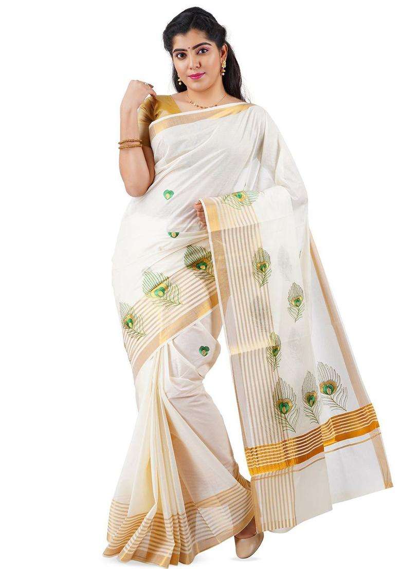 Off White Woven Design Cotton Saree Set for Diwali and Festive Wear - Indya