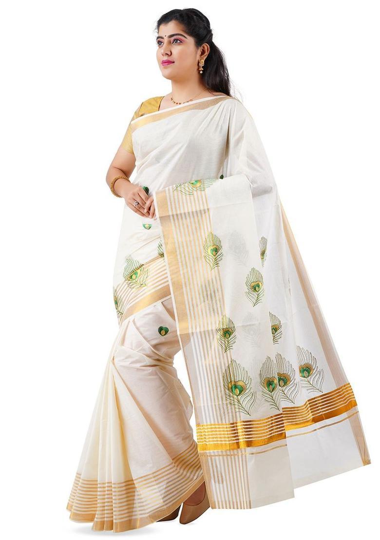 Off White Woven Design Cotton Saree Set - Indya