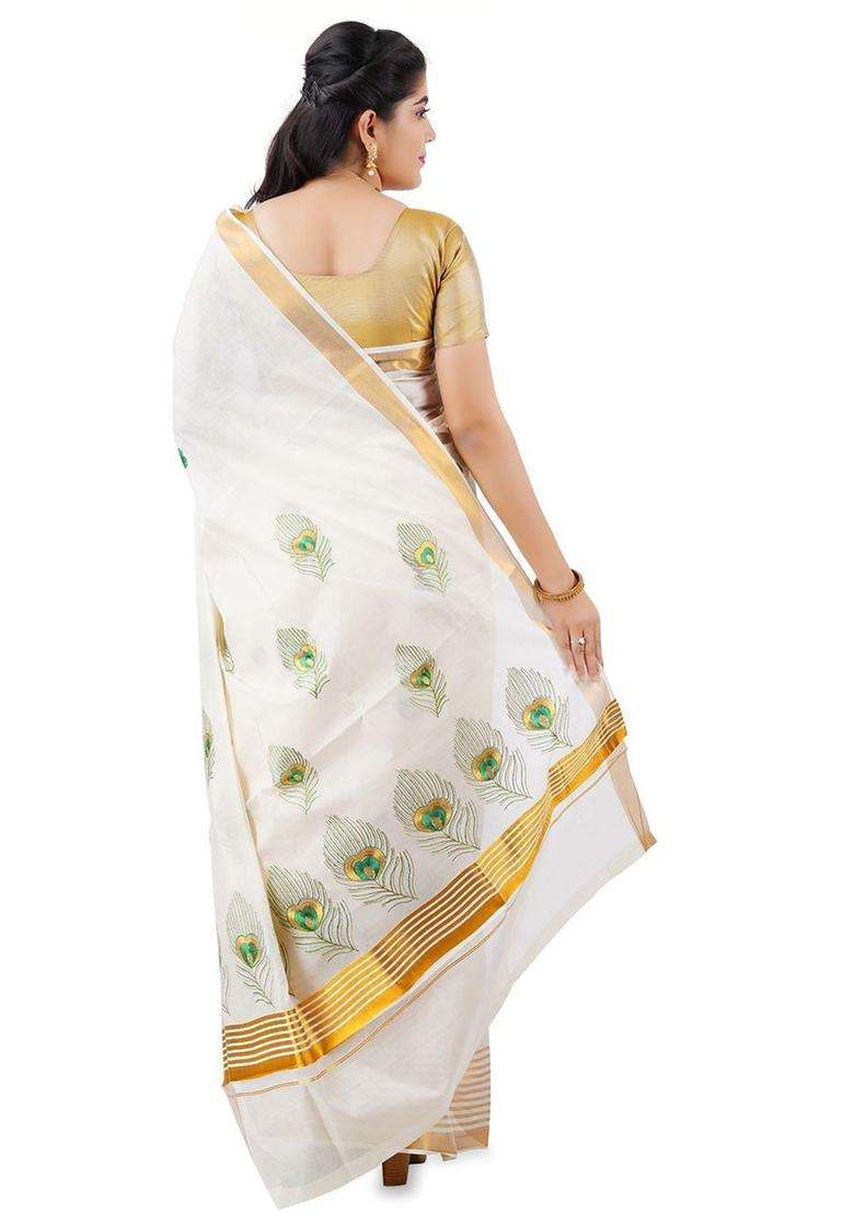 Off White Woven Design Cotton Saree Set for Diwali and Festive Wear - Indya