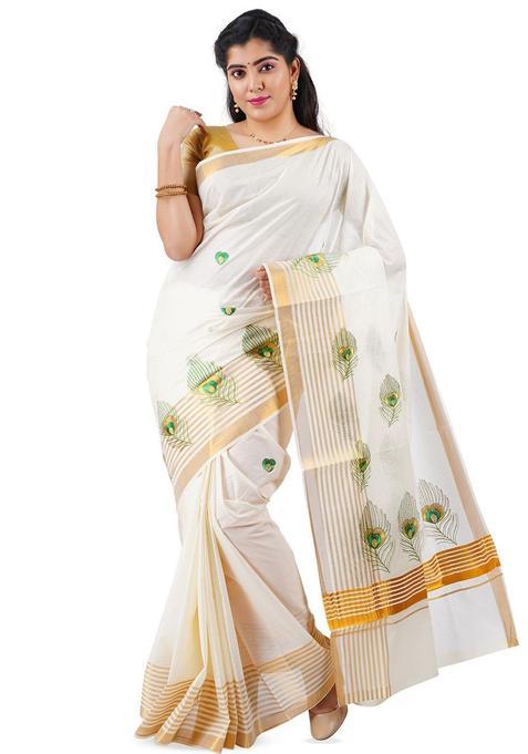 Off White Woven Design Cotton Saree Set