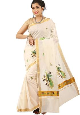 Off White Woven Design Cotton Saree Set