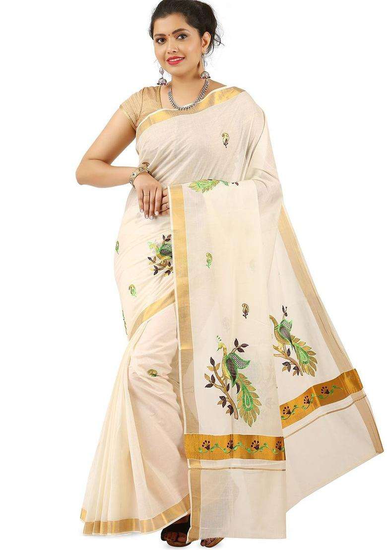 Off White Woven Design Cotton Saree Set for Diwali and Festive Wear - Indya