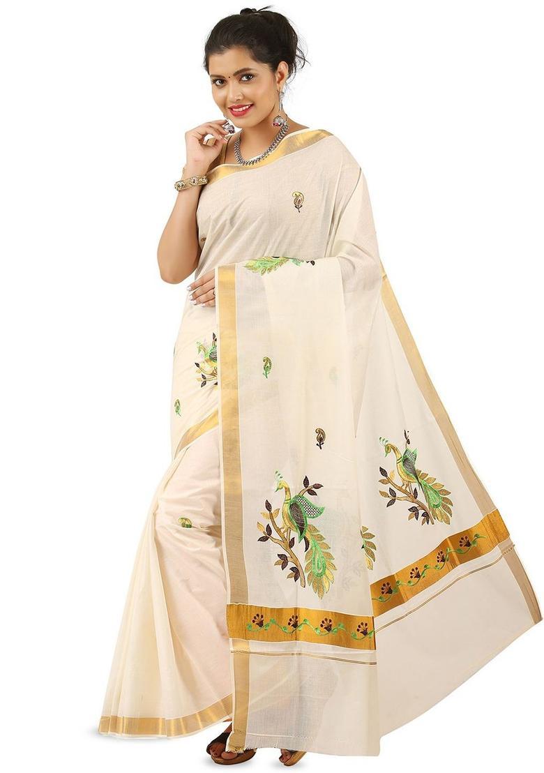 Off White Woven Design Cotton Saree Set - Indya