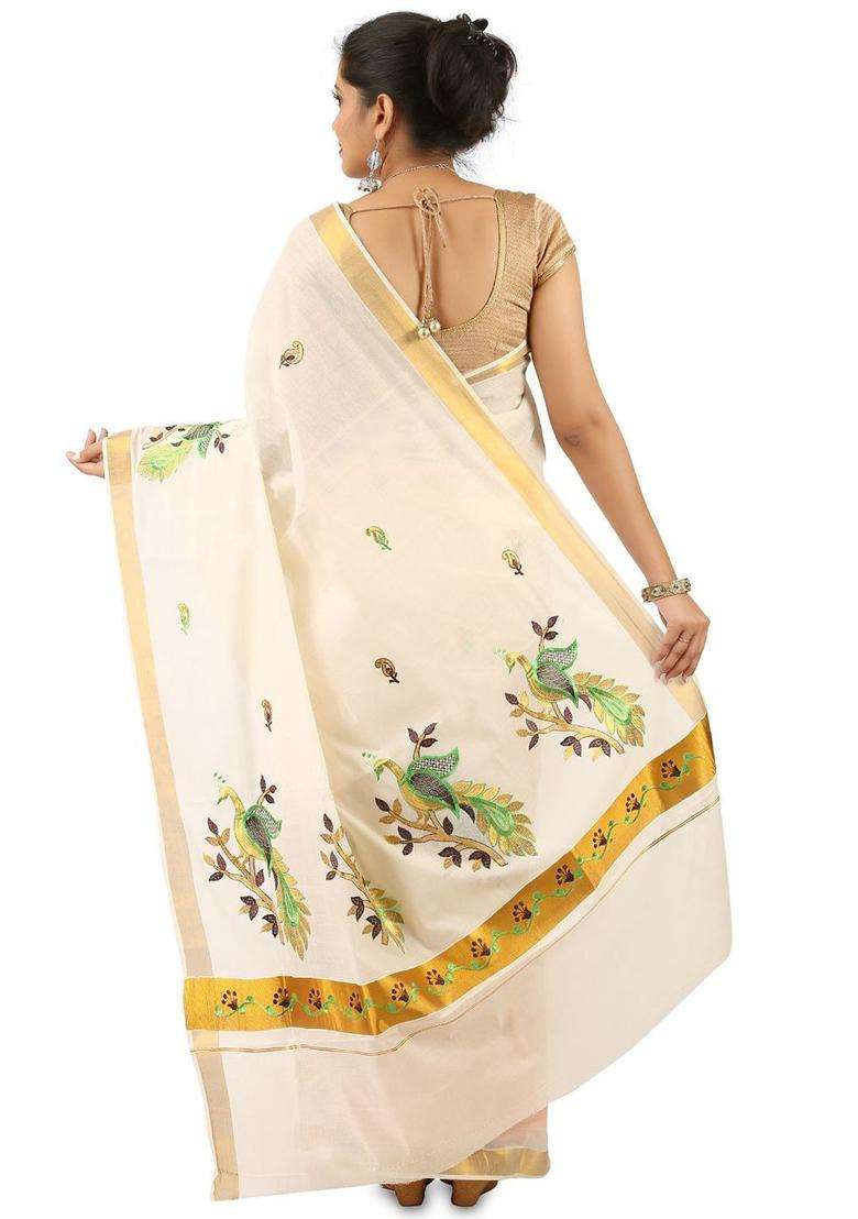 Off White Woven Design Cotton Saree Set for Diwali and Festive Wear - Indya