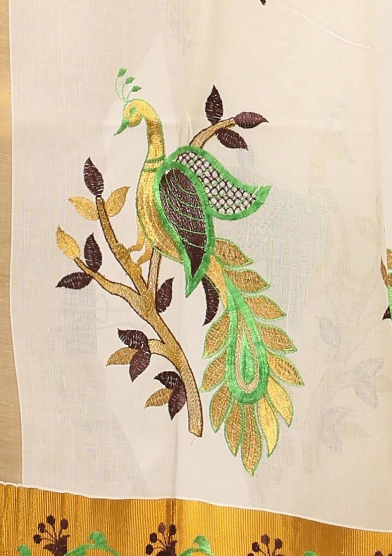 Off White Woven Design Cotton Saree Set - Indya