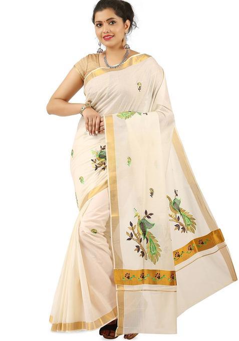 Off White Woven Design Cotton Saree Set