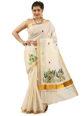 Off White Woven Design Cotton Saree Set