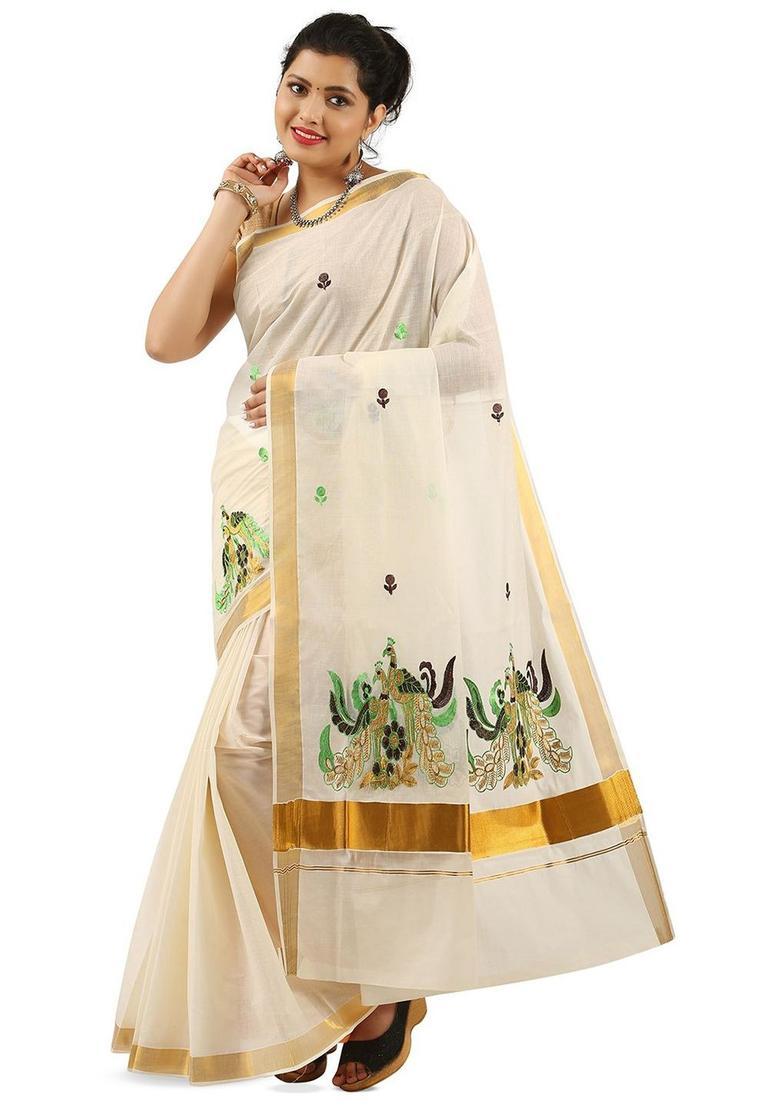 Off White Woven Design Cotton Saree Set - Indya