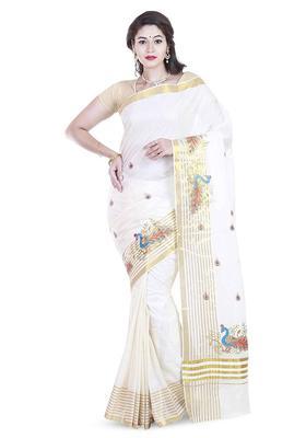 White Woven Design Cotton Saree Set