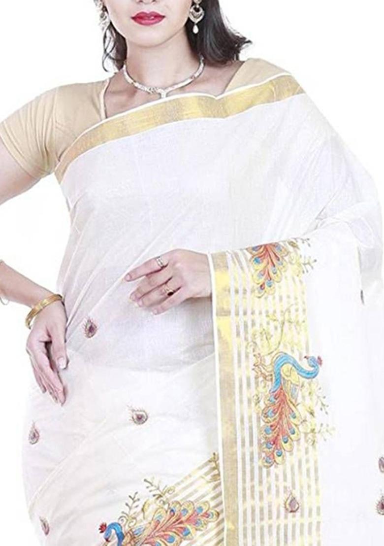 White Woven Design Cotton Saree Set - Indya