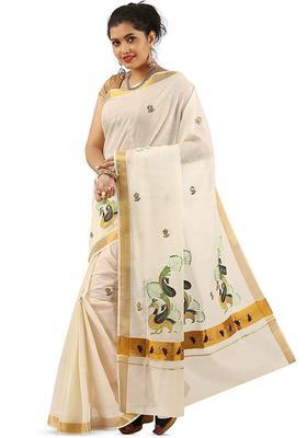 Off White Embroidered Cotton Saree Set