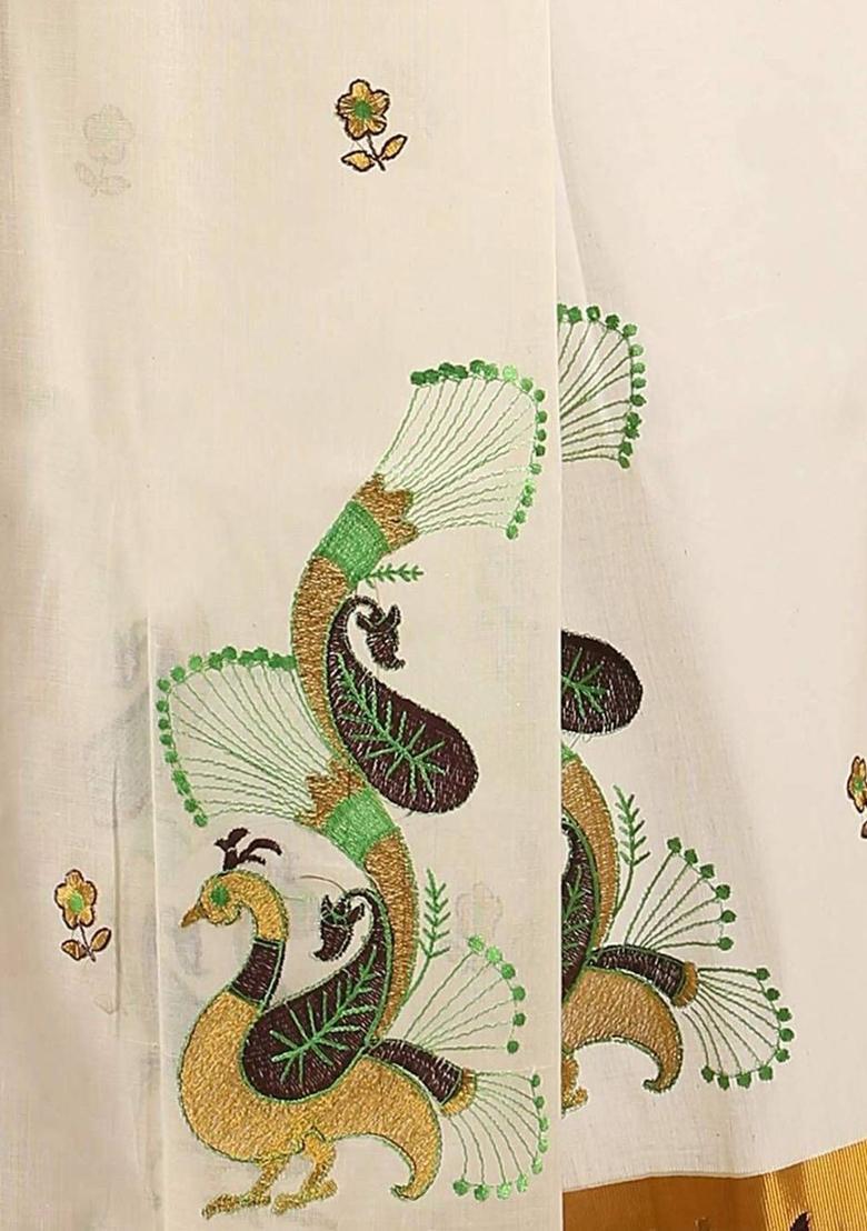 Off White Embroidered Cotton Saree Set - Indya