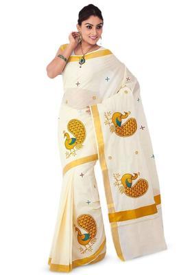 Off White Solid Cotton Saree Set