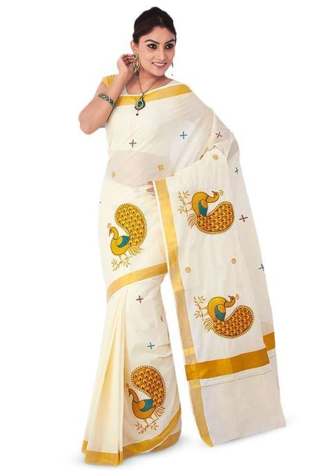 Off White Solid Cotton Saree Set
