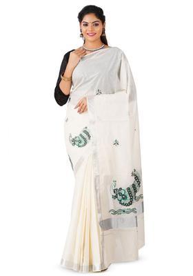 Off White Embroidered Cotton Saree Set