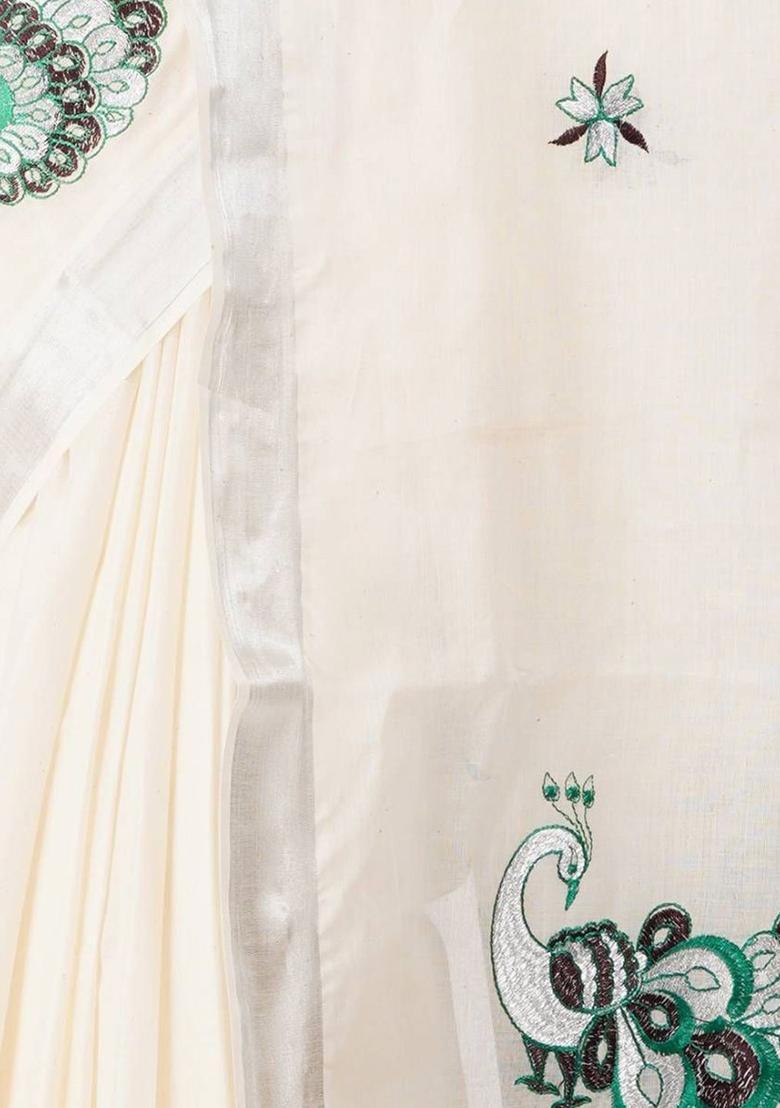 Off White Embroidered Cotton Saree Set - Indya