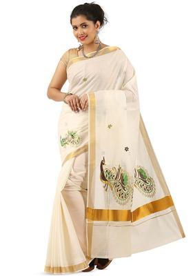 Off White Embroidered Cotton Saree Set
