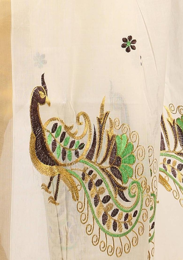Off White Embroidered Cotton Saree Set - Indya