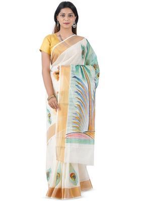 Off White Printed Cotton Saree Set