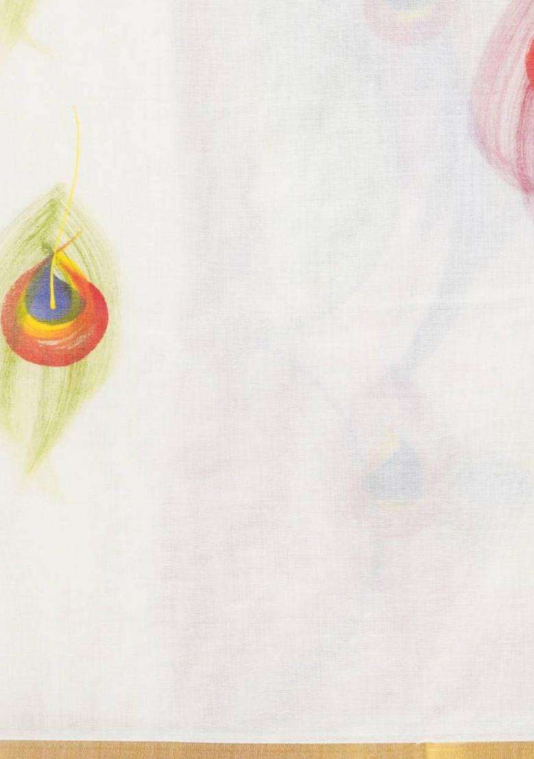 Off White Printed Cotton Saree Set for Diwali and Festive Wear - Indya