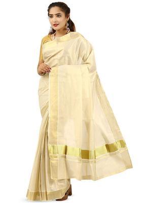 Off White Solid Cotton Saree Set