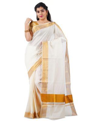 Off White Solid Cotton Saree Set