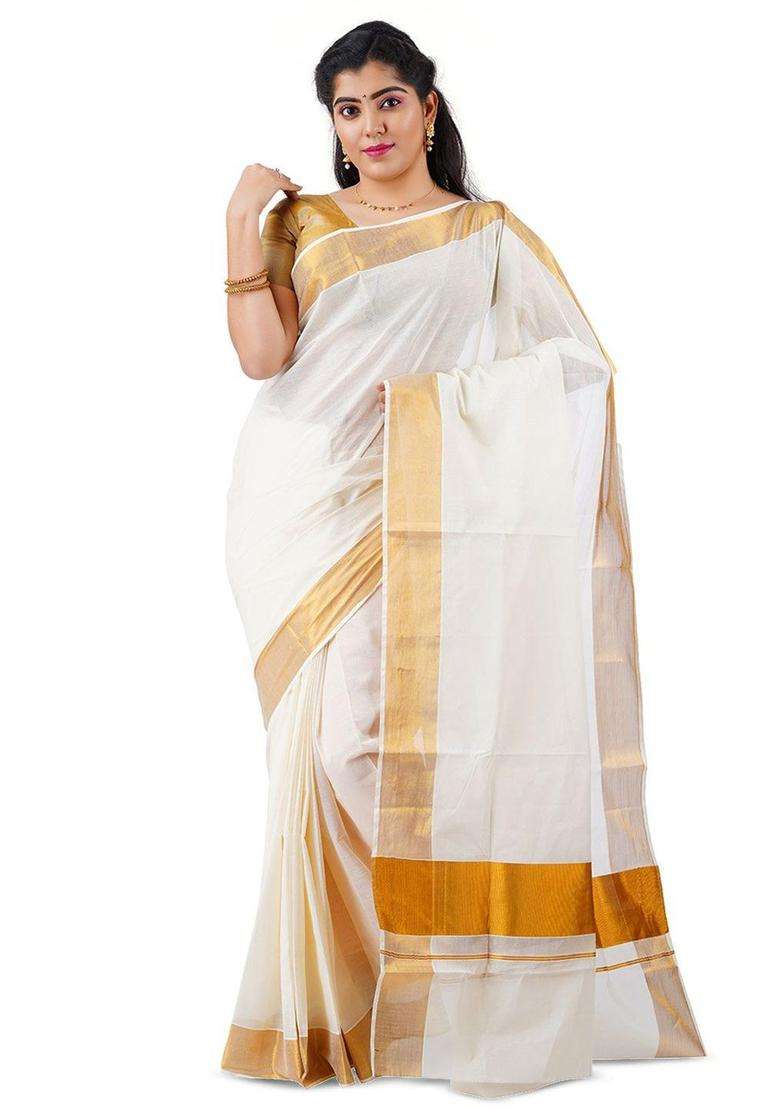 Off White Solid Cotton Saree Set for Diwali | Wedding & Festive Wear - Indya