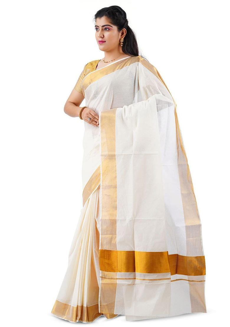 Off White Solid Cotton Saree Set - Indya