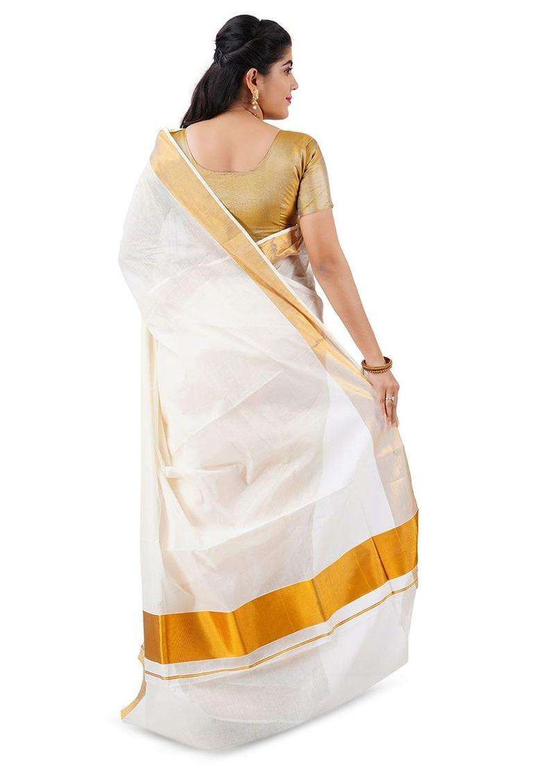Off White Solid Cotton Saree Set for Diwali | Wedding & Festive Wear - Indya