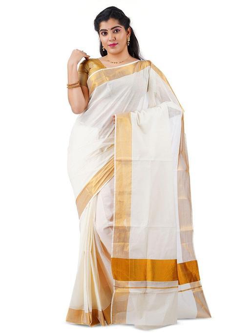 Off White Solid Cotton Saree Set