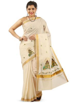 Off White Embroidered Cotton Saree Set