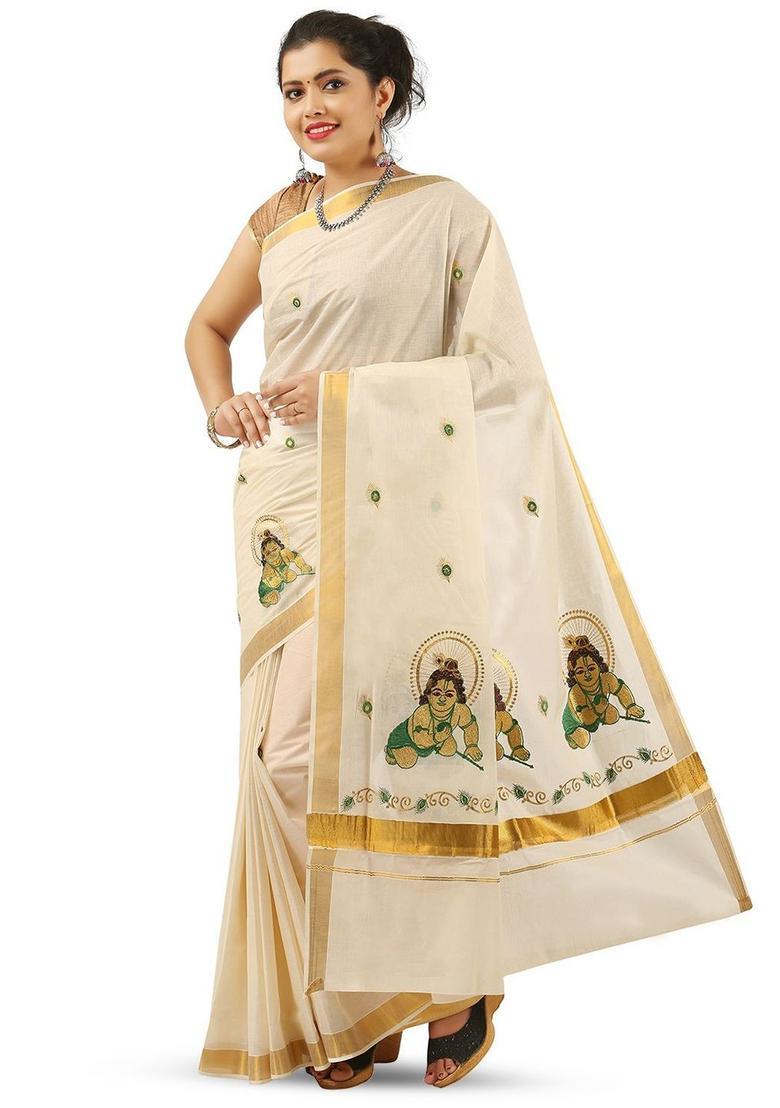 Off White Embroidered Cotton Saree Set - Indya
