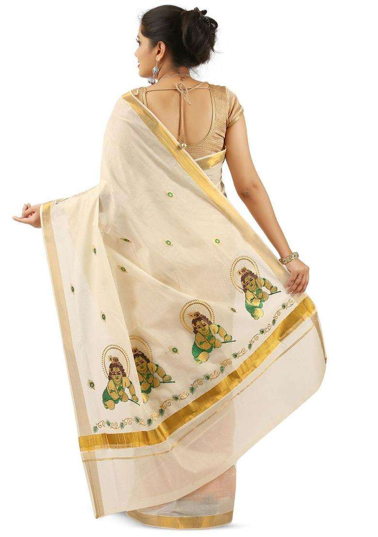 Off White Embroidered Cotton Saree Set for Diwali and Festive Wear - Indya