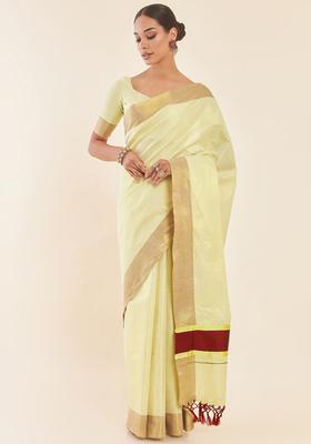 Off White Solid Tissue Saree Set