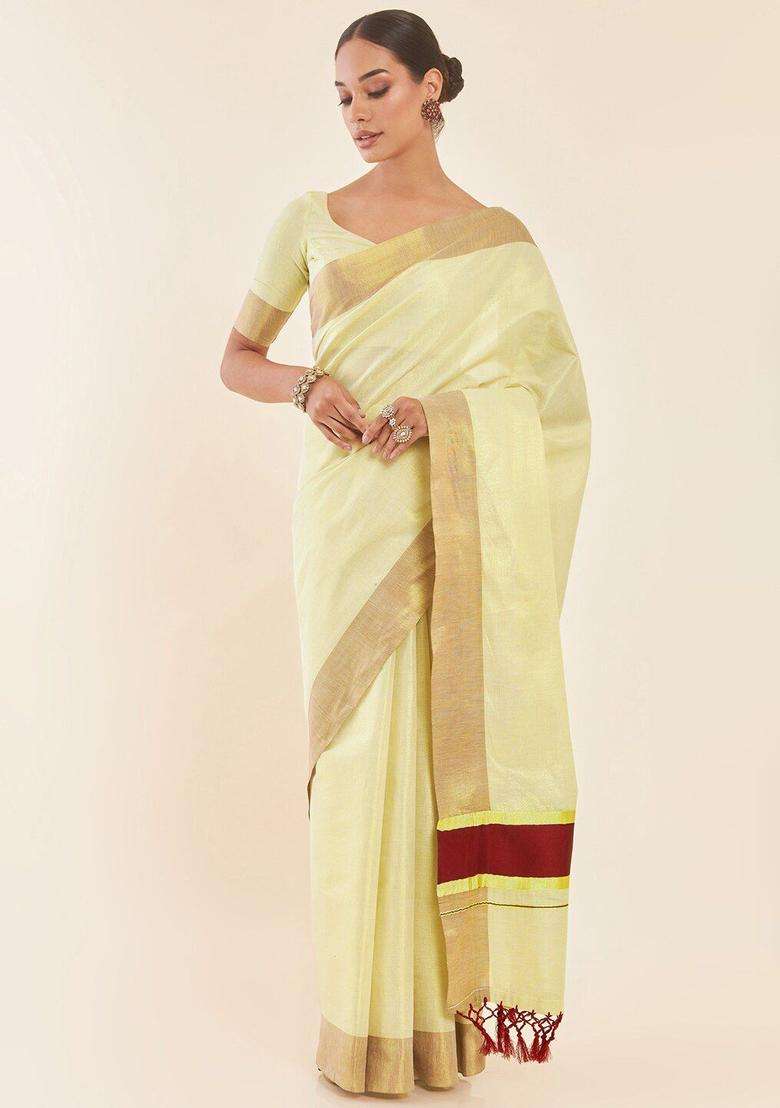 Off White Solid Tissue Saree Set for Diwali | Wedding & Festive Wear - Indya