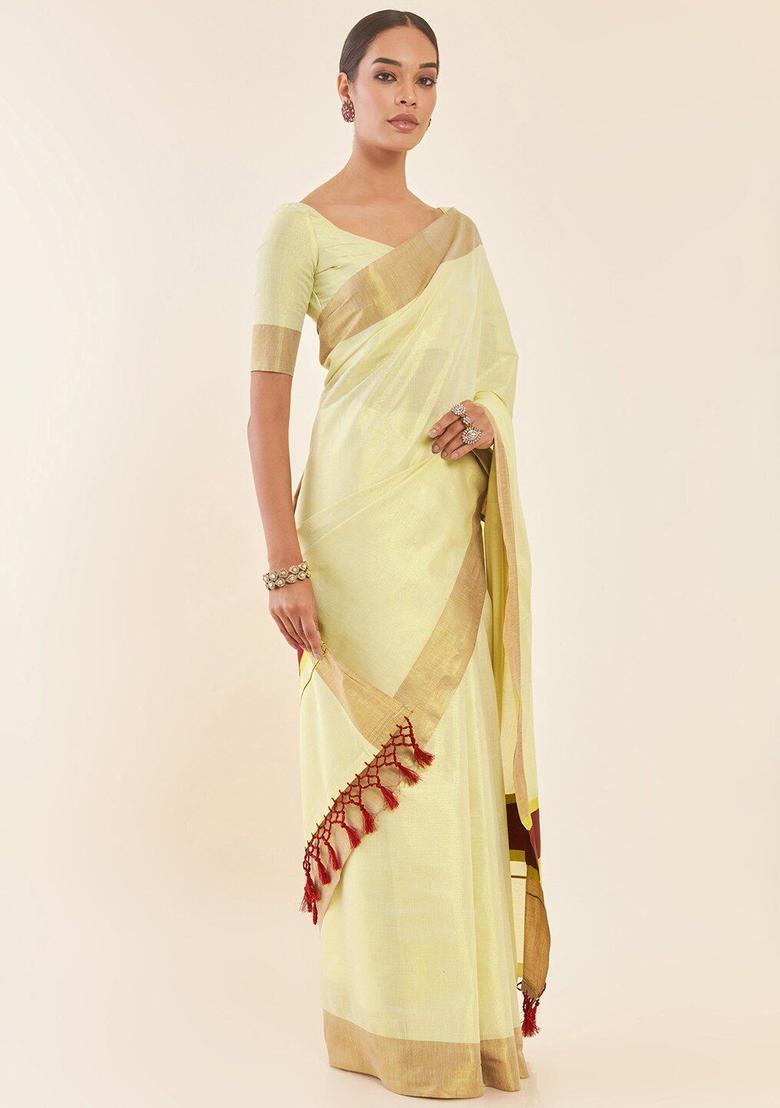 Off White Solid Tissue Saree Set - Indya