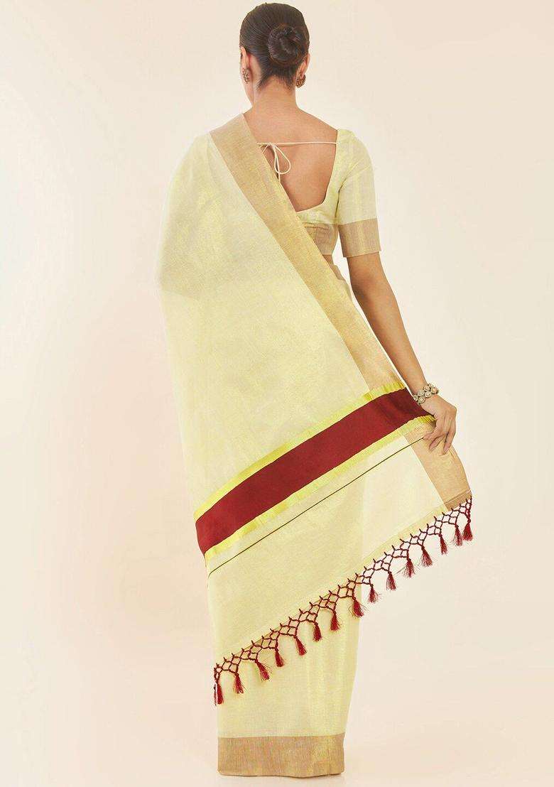 Off White Solid Tissue Saree Set for Diwali | Wedding & Festive Wear - Indya