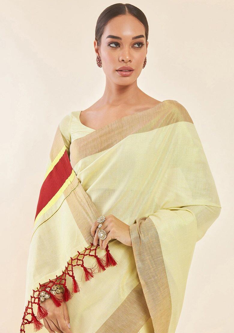 Off White Solid Tissue Saree Set - Indya