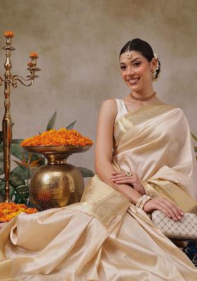 Beige Solid Silk Saree Set