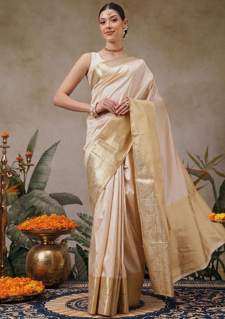 Beige Solid Silk Saree Set - Indya