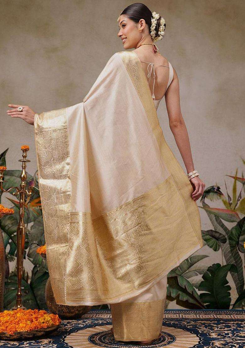 Beige Solid Silk Saree Set for Diwali | Wedding & Festive Wear - Indya