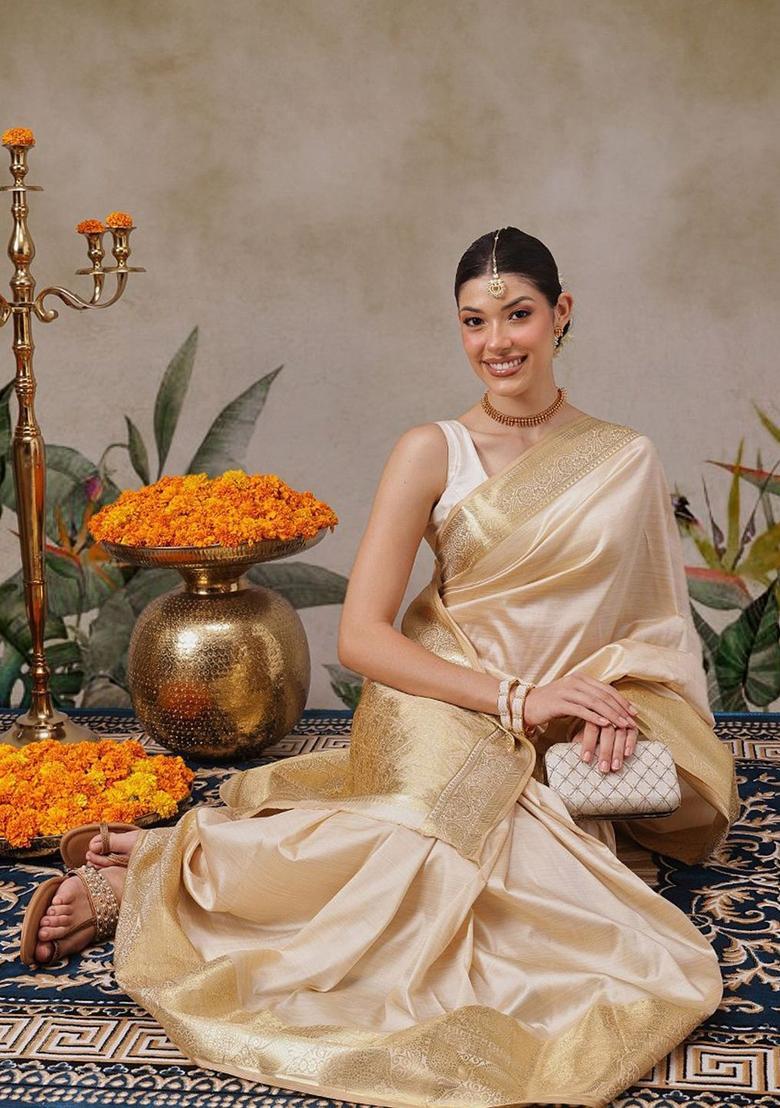 Beige Solid Silk Saree Set - Indya
