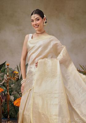Beige Woven Design Silk Saree Set