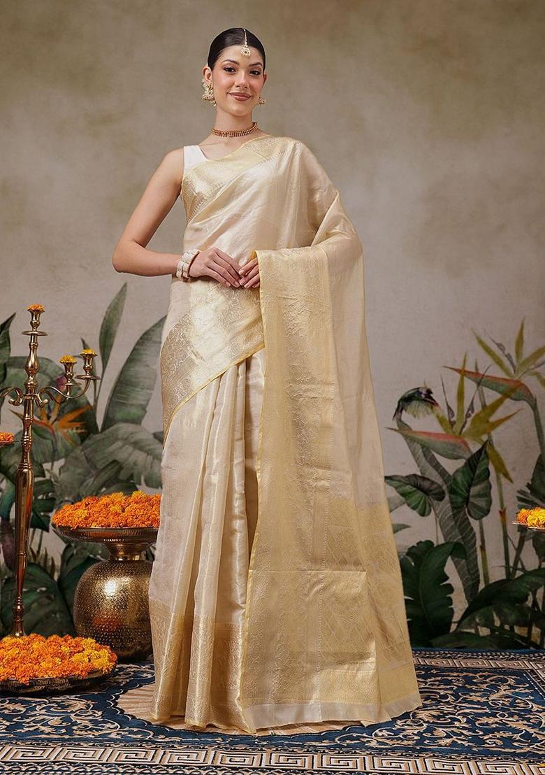 Beige Woven Design Silk Saree Set - Indya