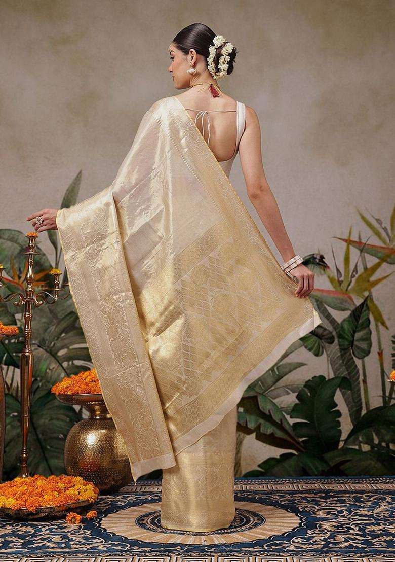 Beige Woven Design Silk Saree Set for Diwali and Festive Wear - Indya