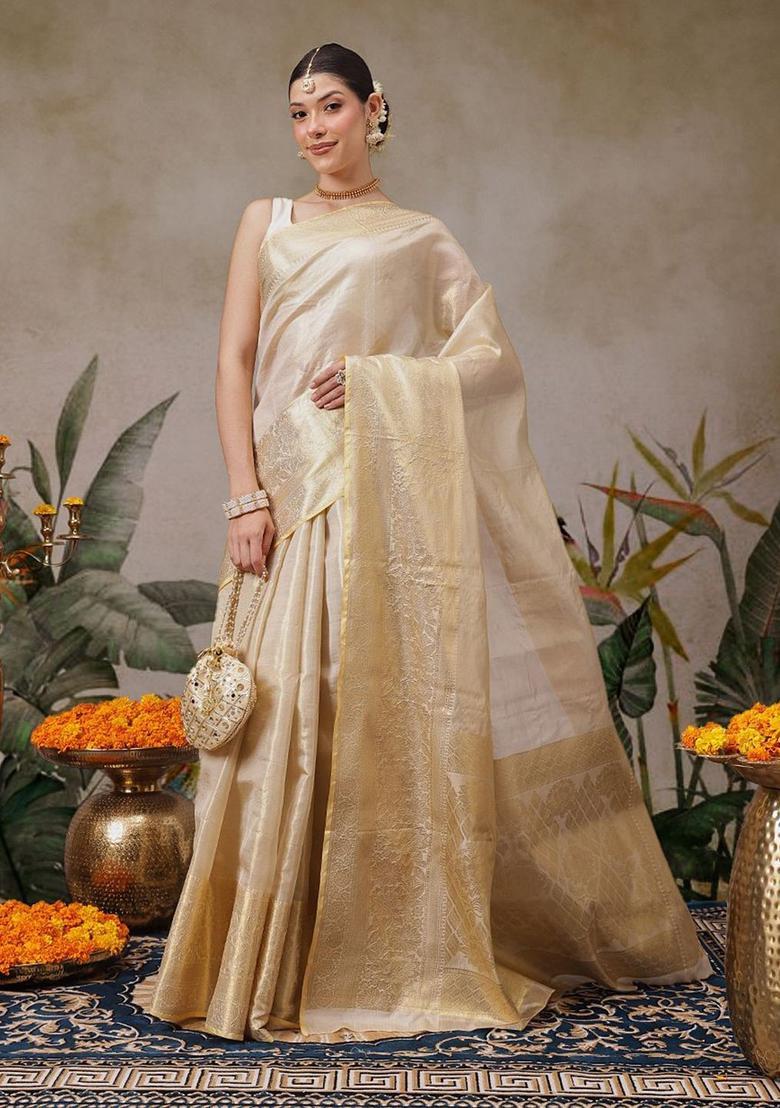 Beige Woven Design Silk Saree Set - Indya