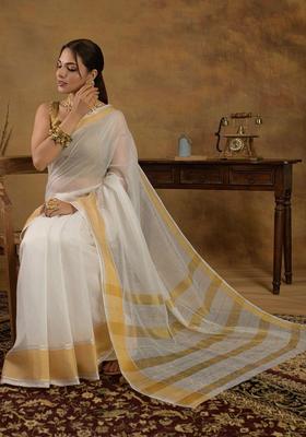 Off White Solid Cotton Saree Set