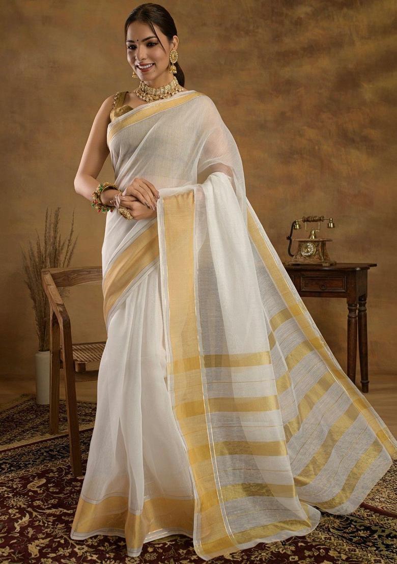Off White Solid Cotton Saree Set - Indya