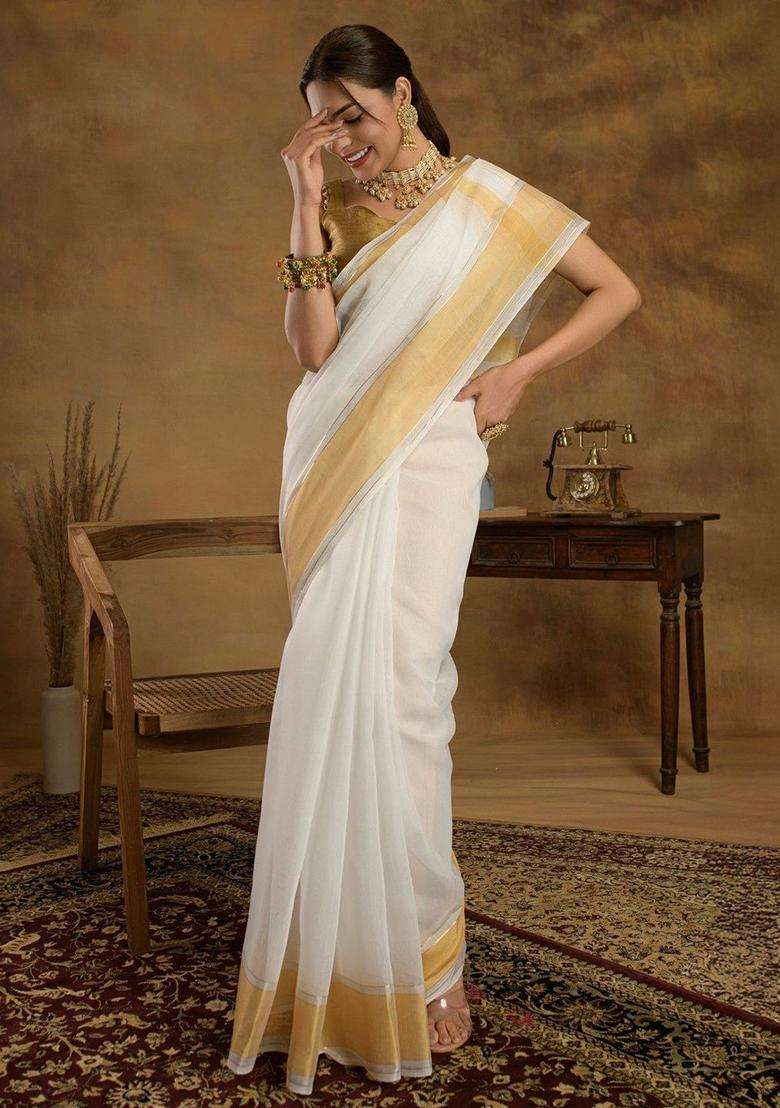 Off White Solid Cotton Saree Set for Diwali | Wedding & Festive Wear - Indya