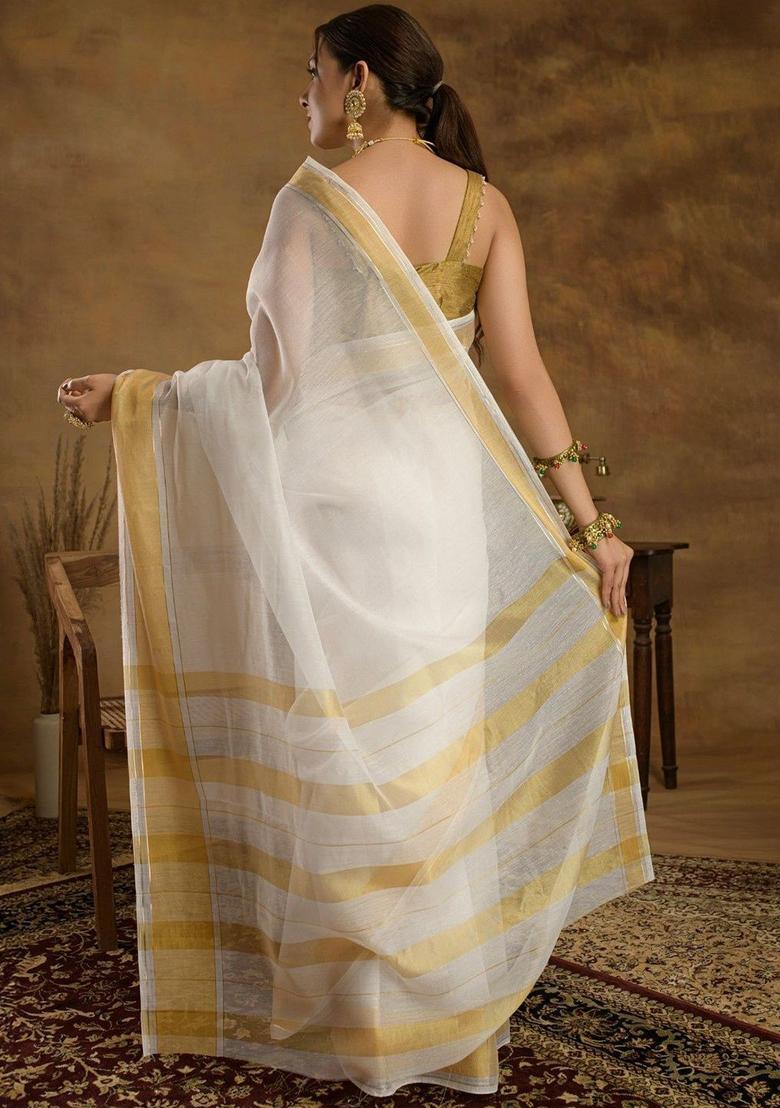 Off White Solid Cotton Saree Set - Indya